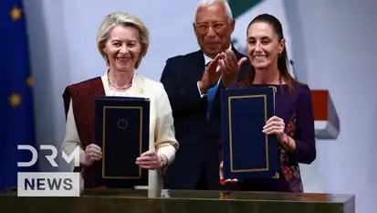 EU-kommissionens formand Ursula von der Leyen og Mexicos pr&aelig;sident Claudia Sheinbaum ved underskrivelsen af s&aring;kaldte Moderniserede Globale Aftale (MGA), som er en politisk samarbejds- og handelsaftale.